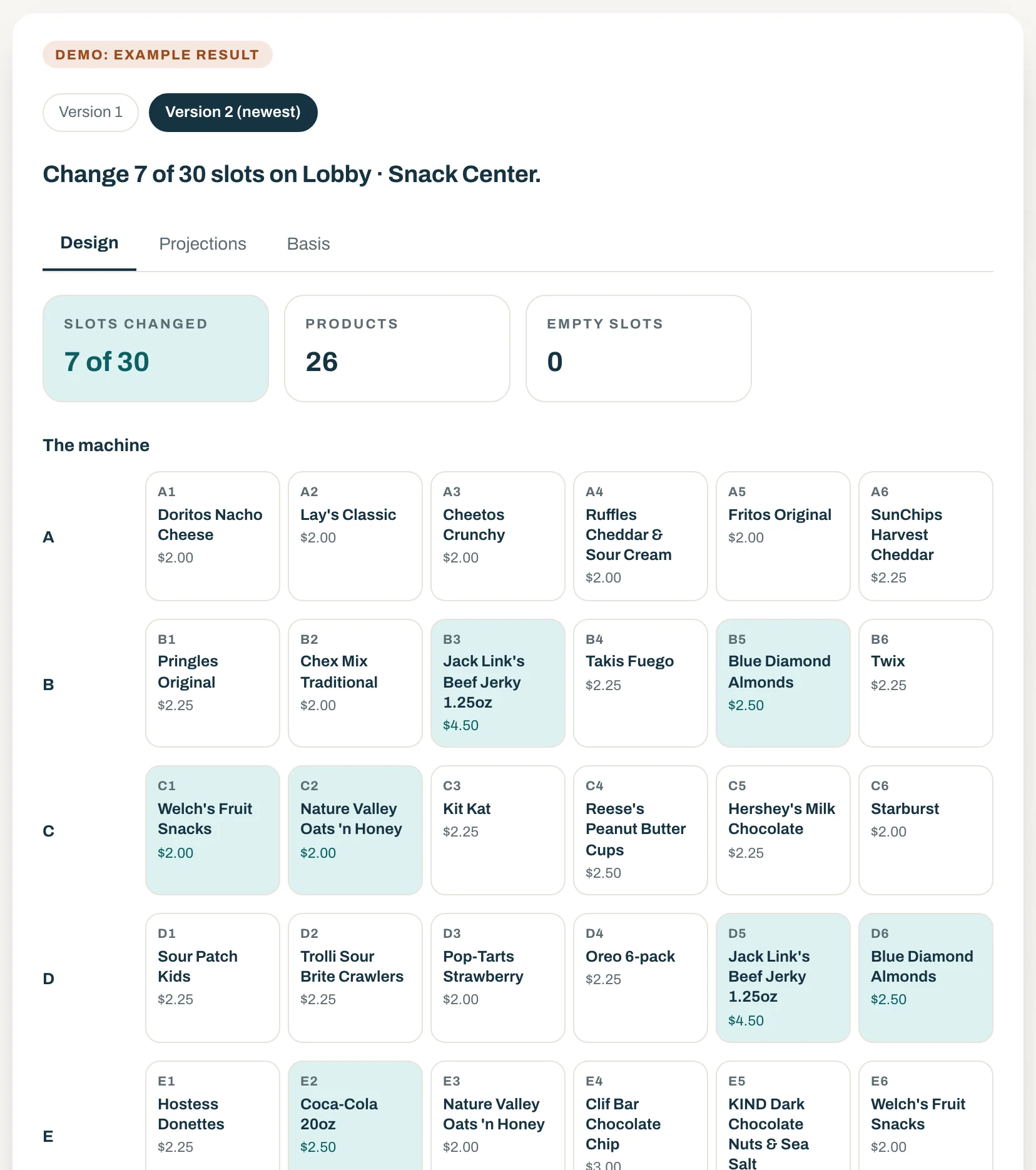 AI Planogram Assist on the demo account: a second version of the plan after a change request, with the first version still available