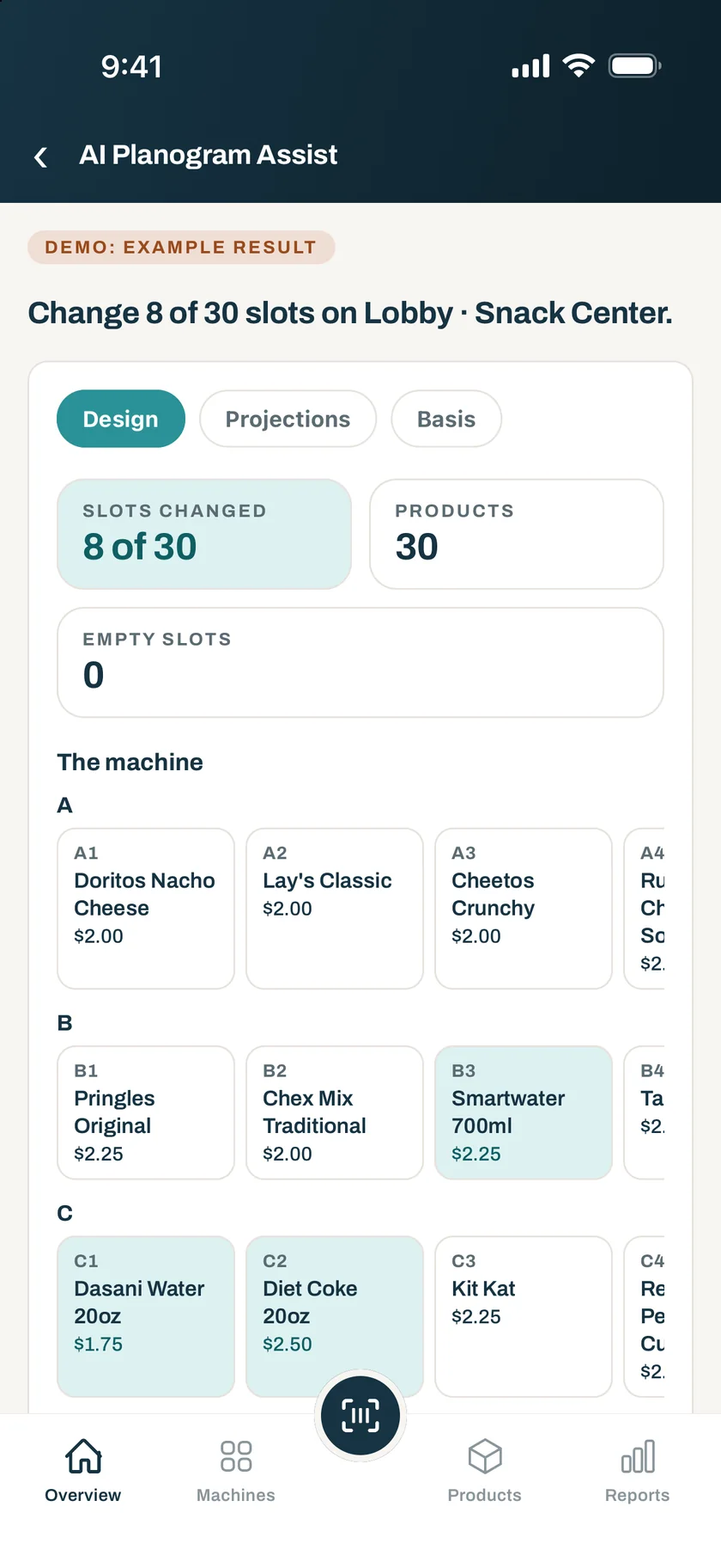 AI Planogram Assist in the Dryline VMS app, on the demo account: the plan for a machine, with the changed slots marked