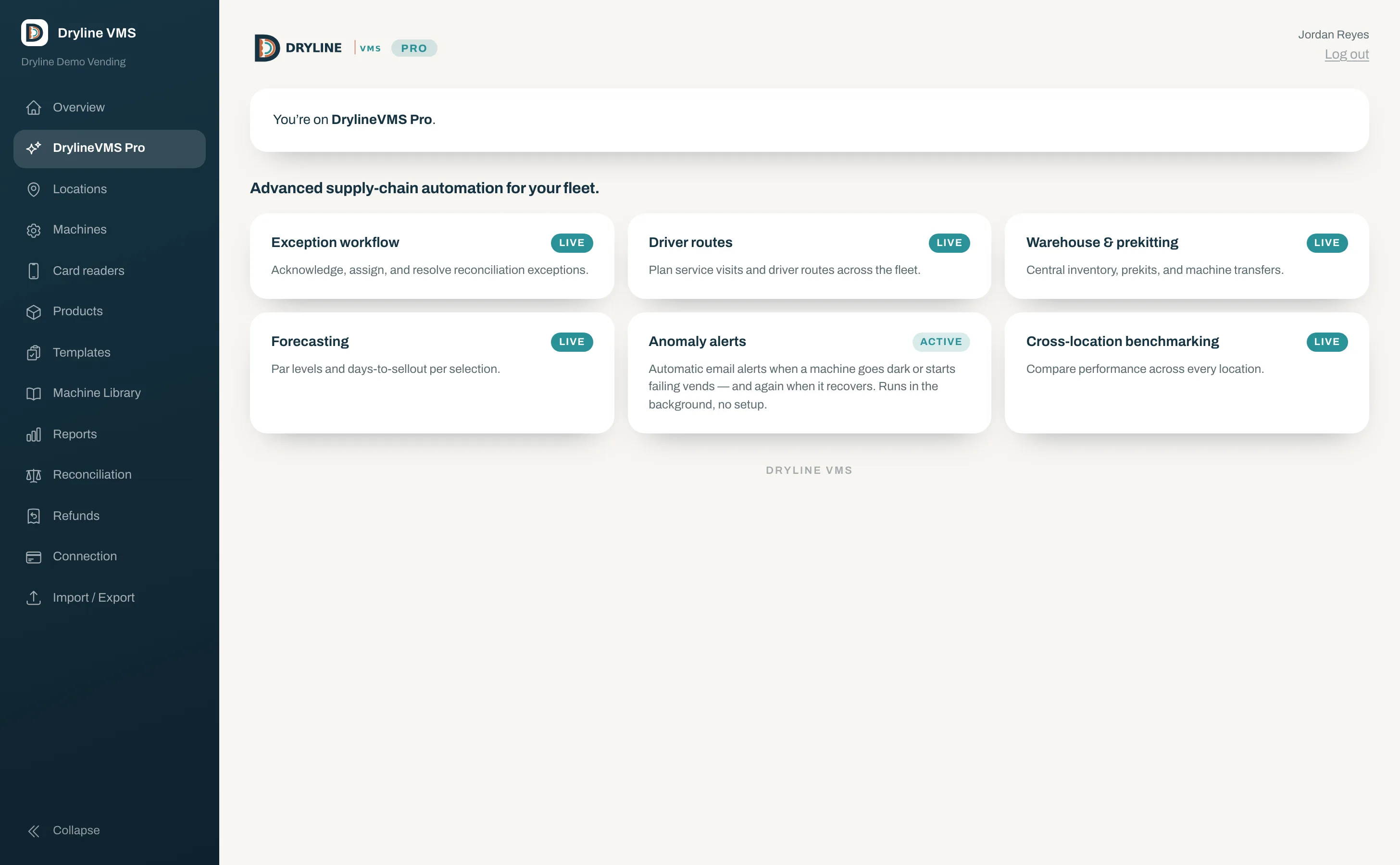 DrylineVMS Pro landing: exception workflow, driver routes, warehouse and prekitting, forecasting, anomaly alerts, and benchmarking