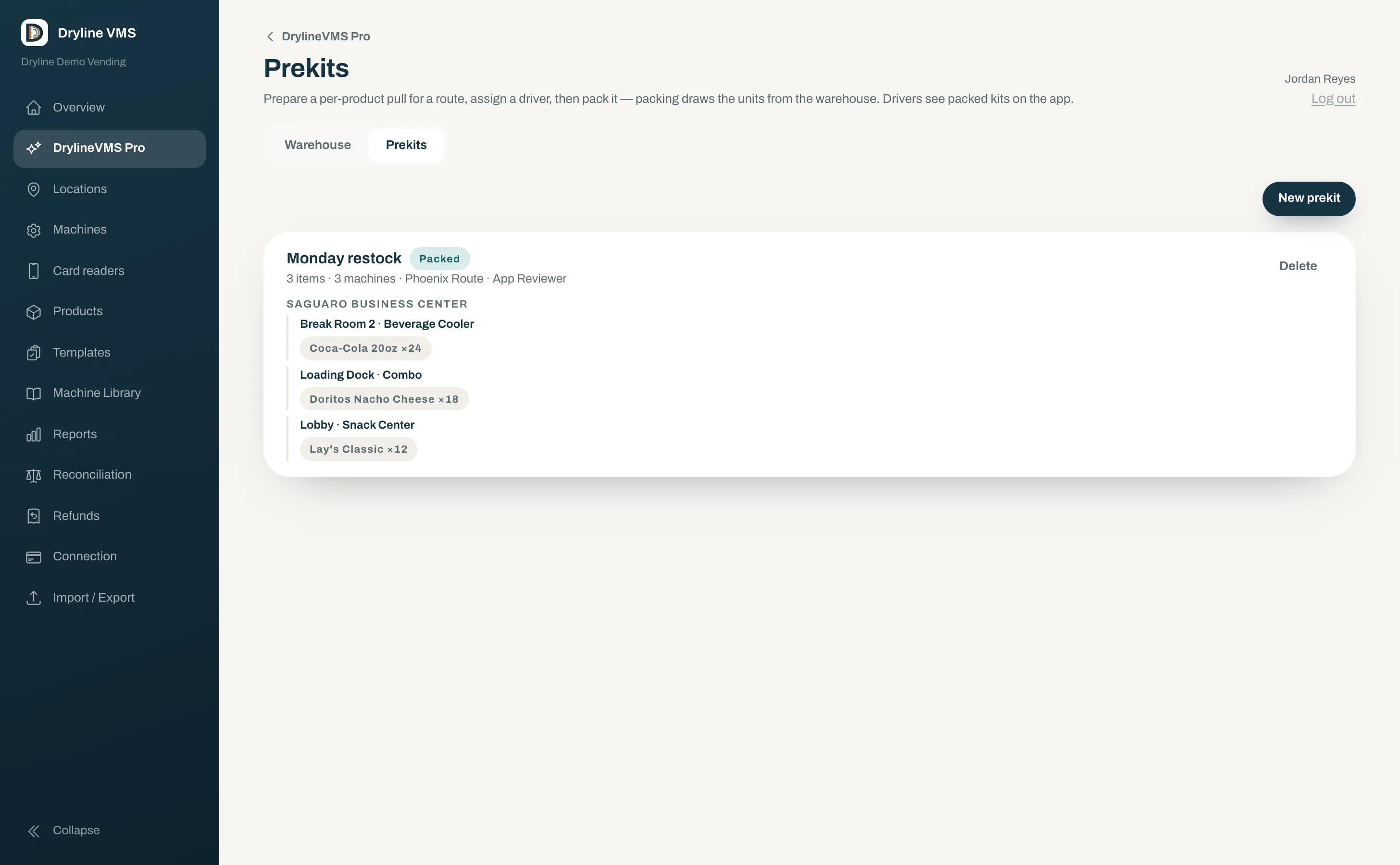 Prekits: a packed Monday restock for the Phoenix Route, listing the products and quantities pulled for each machine