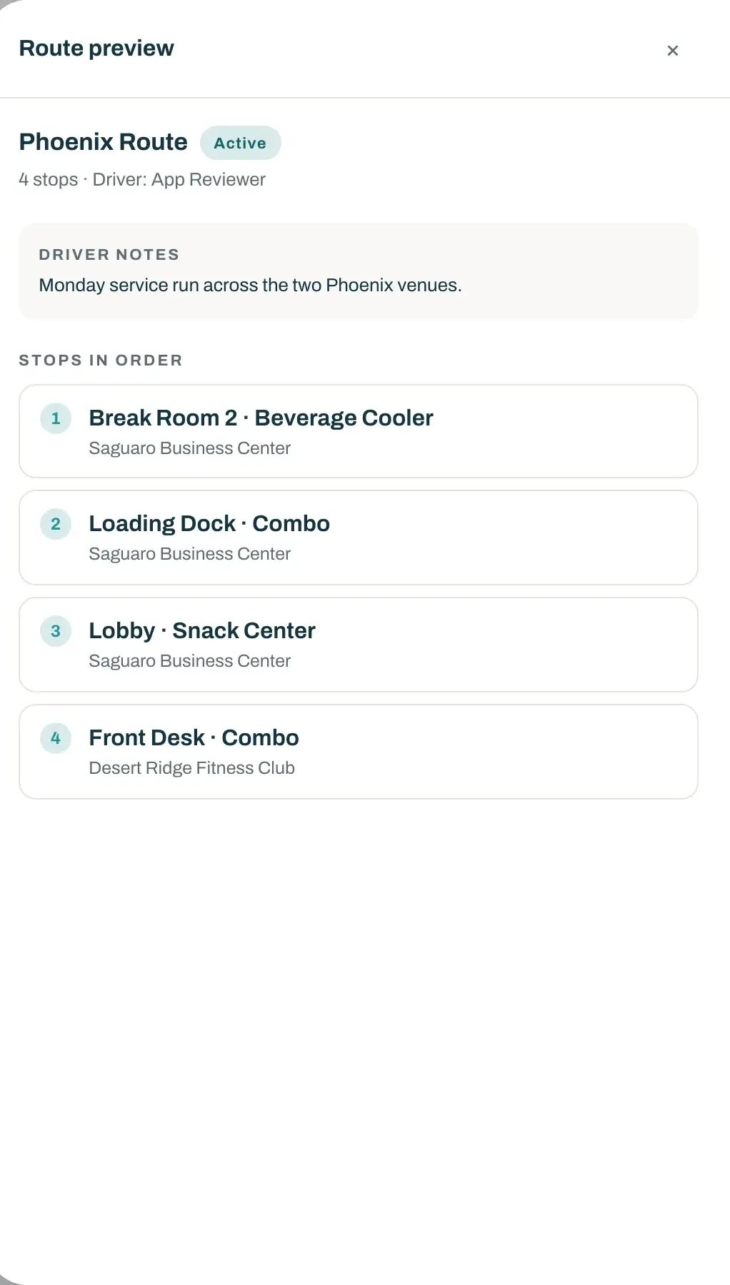 Route preview: Phoenix Route, four stops in order, each naming the machine spot and its venue