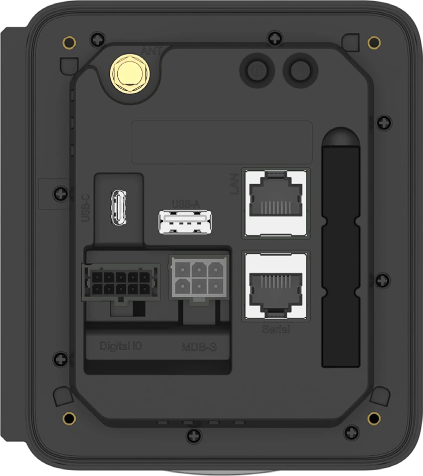 Back panel of the Dejavoo QD3 UPT, with labeled ports: SMA antenna, USB-C, USB-A, Ethernet (LAN), serial (RS232), digital I/O, and the MDB slave connector.