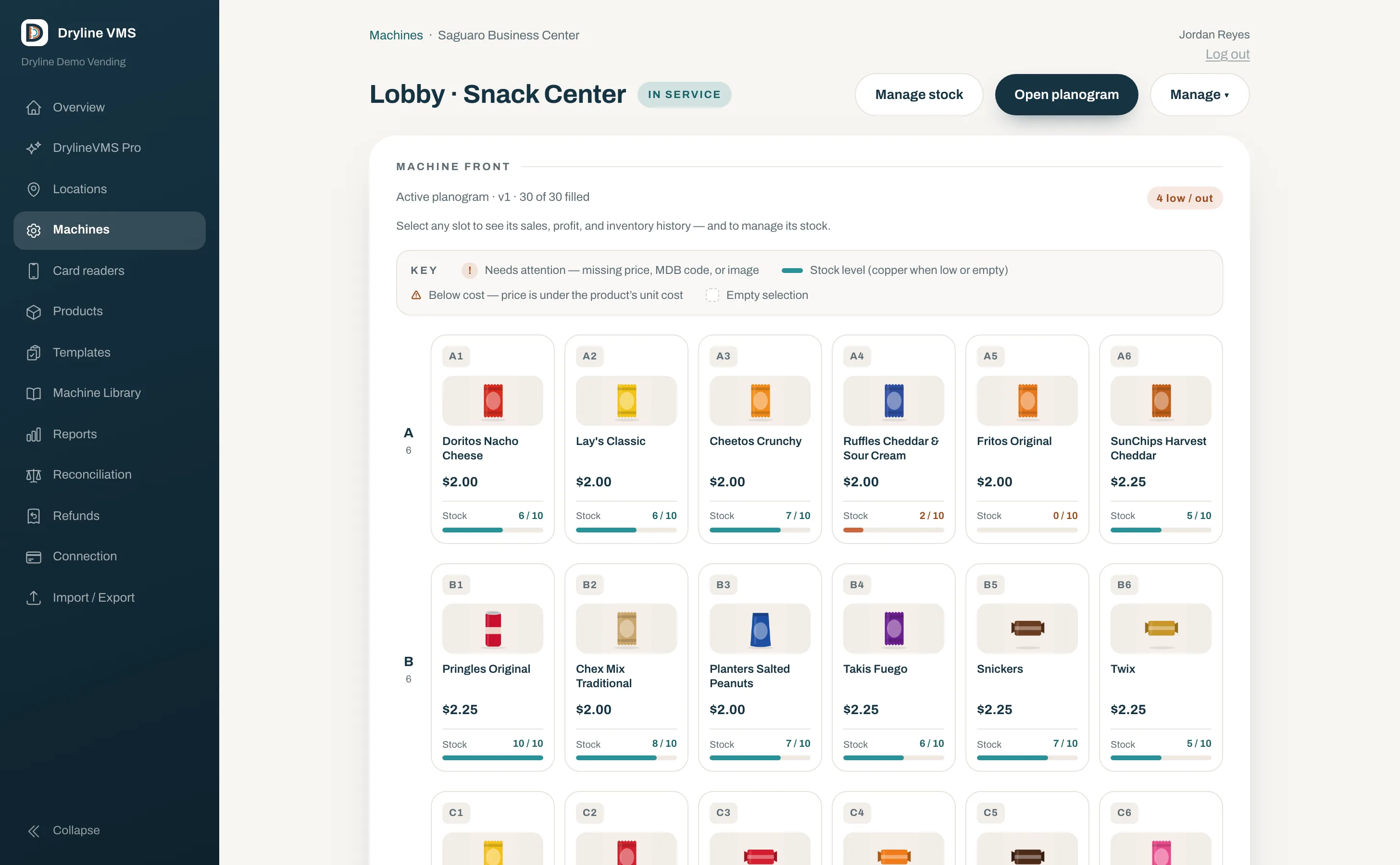A vending machine front in Dryline VMS: thirty slots with product art, prices, and stock levels, four flagged low or out
