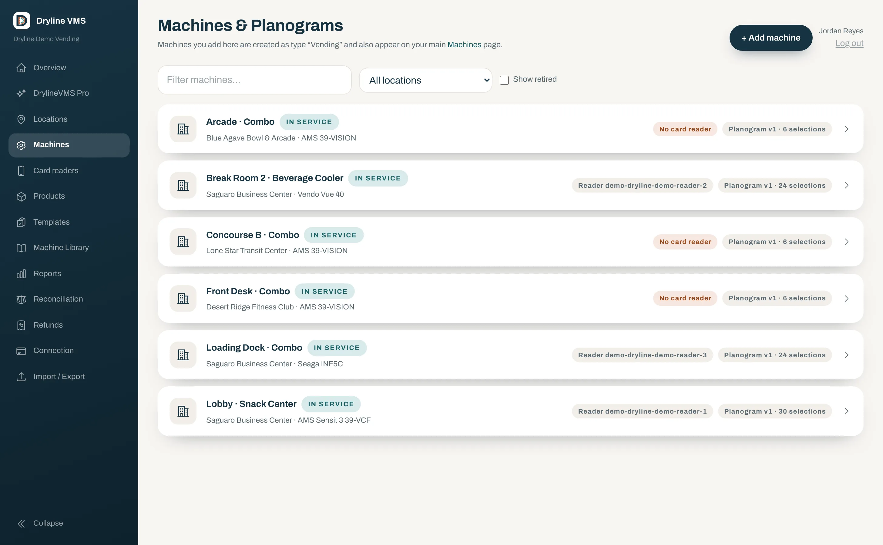 Dryline VMS machines list: each machine with its venue, status, and fill level