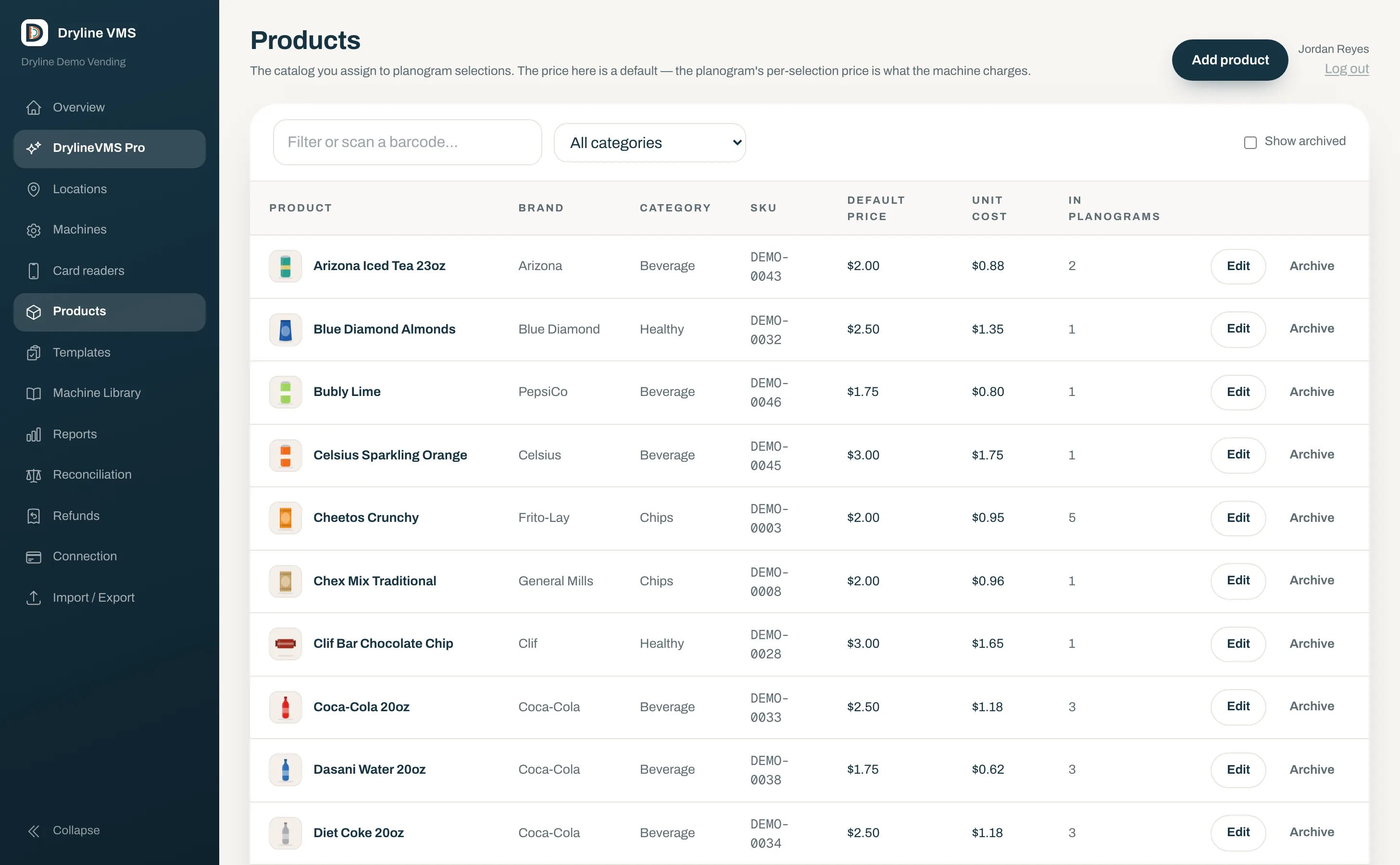 Dryline VMS products: the catalog with brand, category, SKU, default price, unit cost, and planogram placements