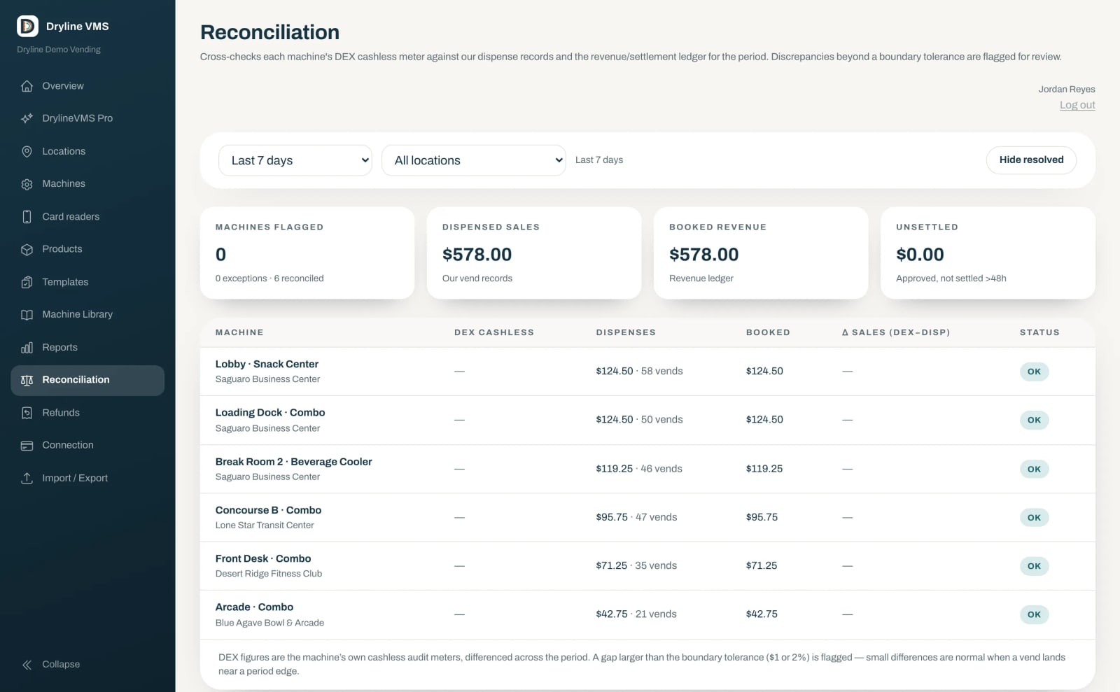 Dryline VMS reconciliation screen